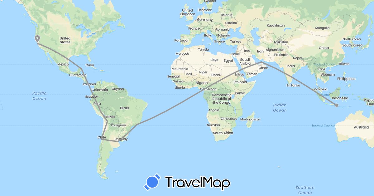 TravelMap itinerary: driving, plane in United Arab Emirates, Argentina, Bolivia, Brazil, Chile, Indonesia, Mexico, Peru, United States (Asia, North America, South America)